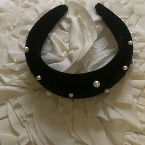Padded Headband, Velvet, Black with Pearls